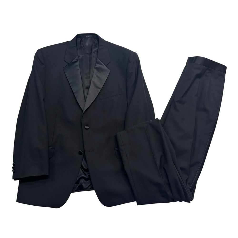 vtg Y2K Jones New York 43S 36x32 Black Tuxedo 2pc Pant Suit Wool Satin Formal
